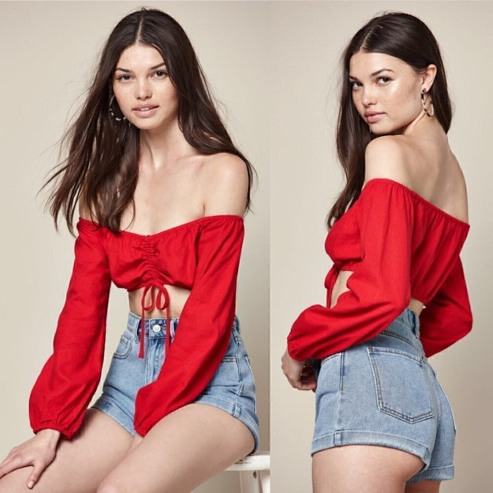Long Sleeve Cinched Off-the-Shoulder Red Crop Top